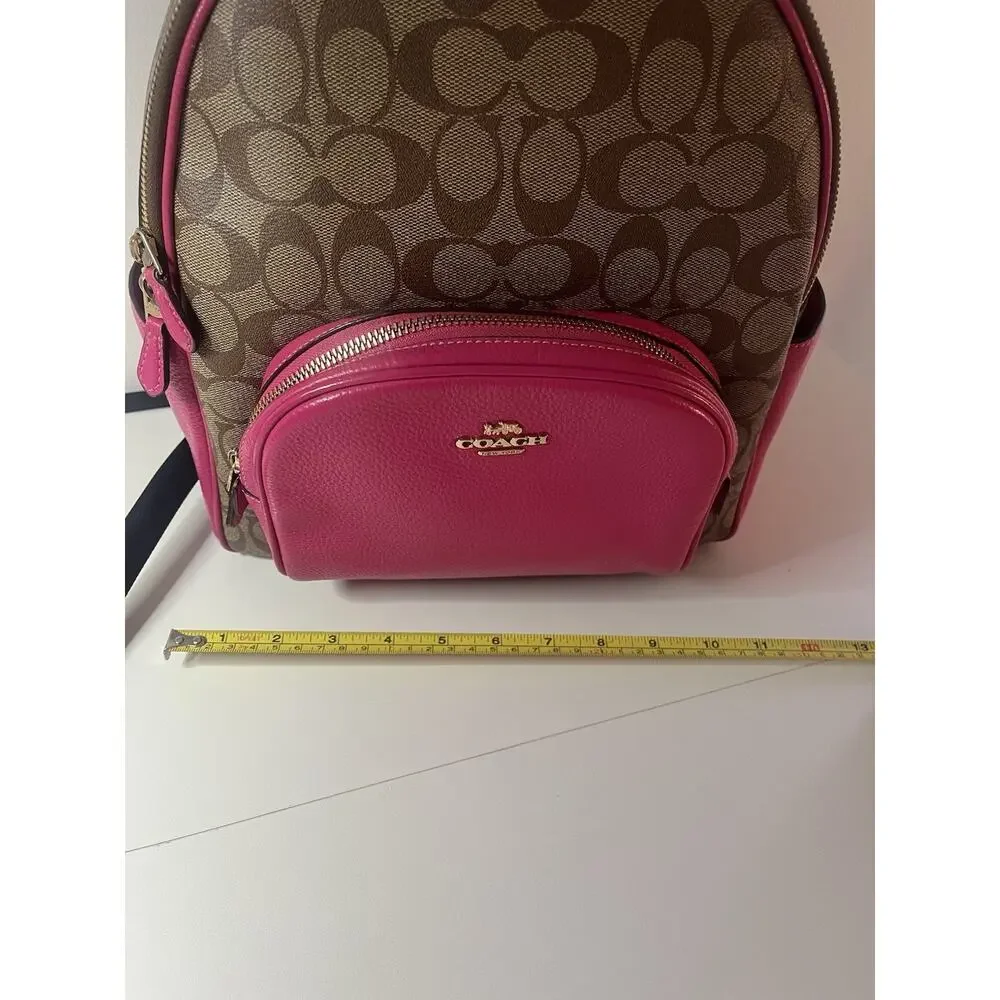 Coach Court Backpack In Signature Canvas With Bold Pink Refined Pebble Leather